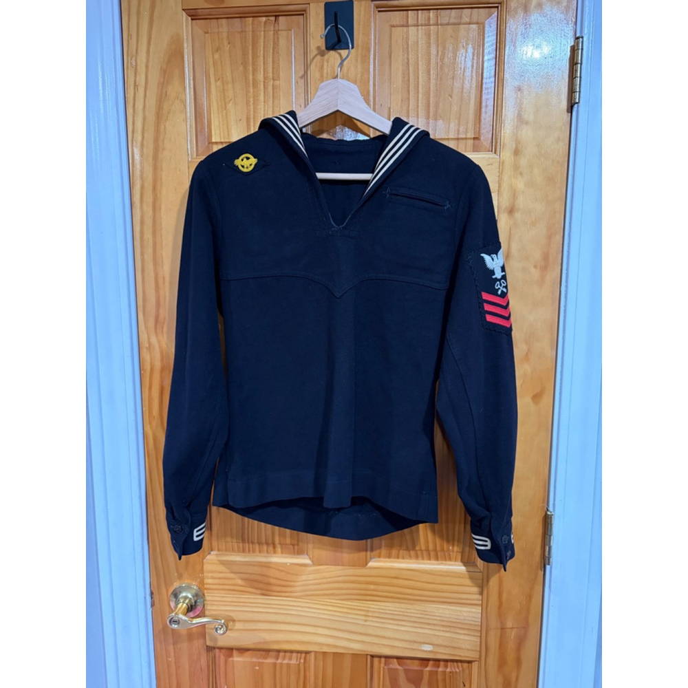 Vintage 70s–80s US Navy Dress Blue Jumper SK Patch 3 Stripes Wool Uniform